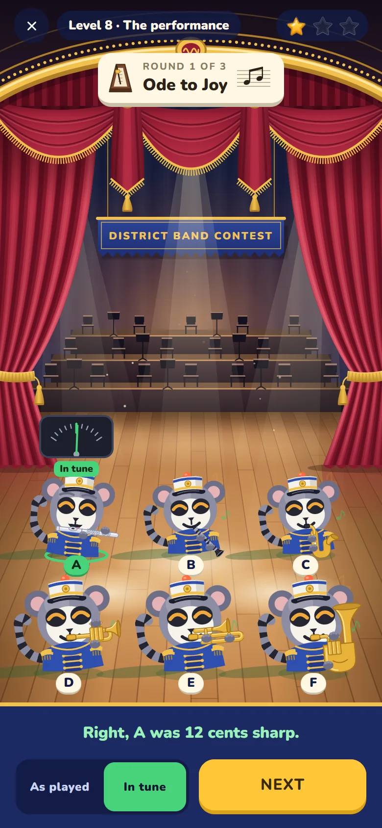 Contest day in a concert hall: six players on stage, one tuner showing in tune, and the panel saying Right, A was 12 cents sharp.