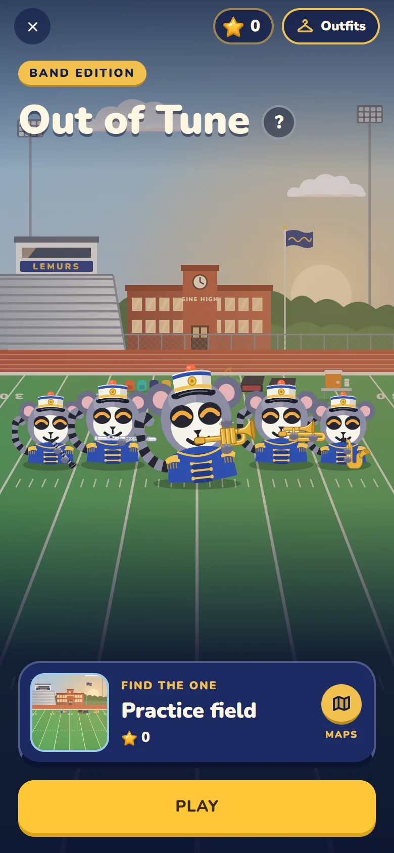 Out of Tune's front page: a marching band on a school field at golden hour, the Practice field chosen, and a Play button.