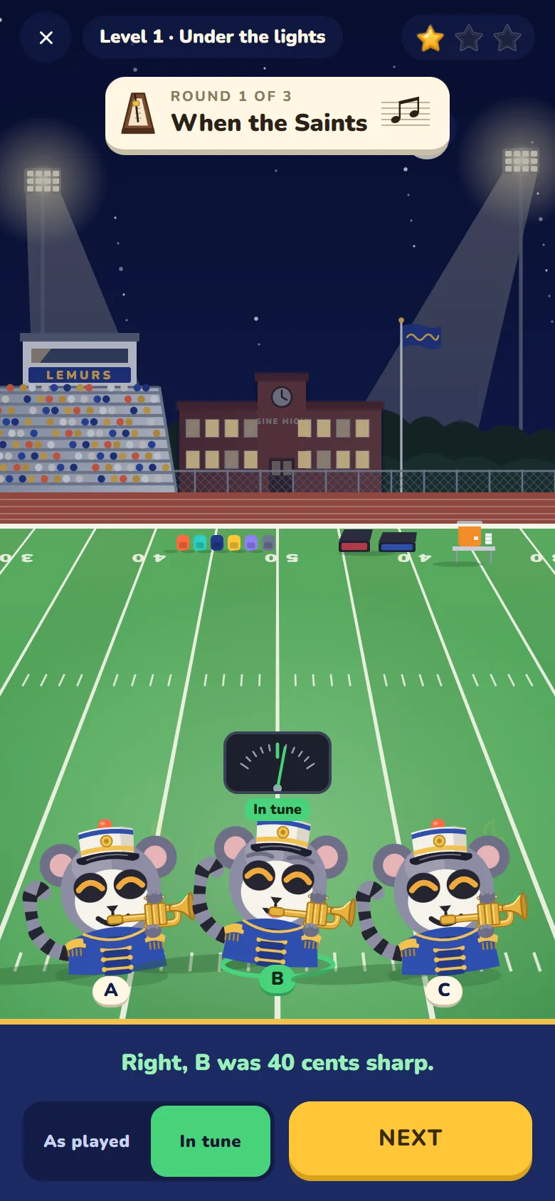 A round under the stadium lights: the culprit's tuner swings back to in tune, and the panel says Right, B was 40 cents sharp.