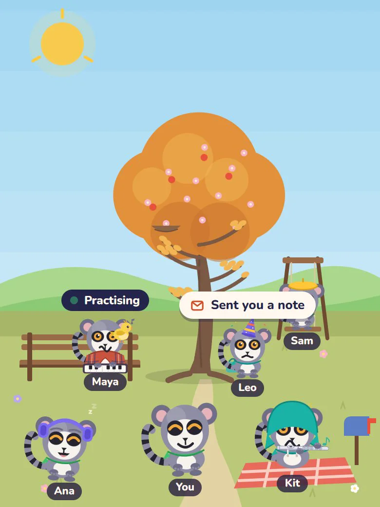 A circle's garden: an autumn tree under a bright sun, a swing and a bench, and six Sines in their own outfits, one practising with a canary on its shoulder and one sending a note.