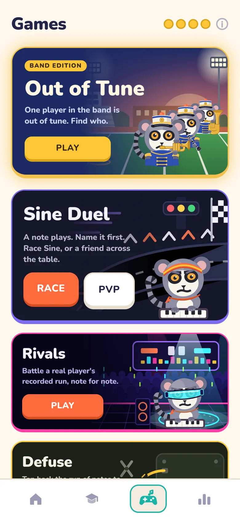 The Games tab: Out of Tune, Sine Duel, Rivals and Defuse at the top of the list.