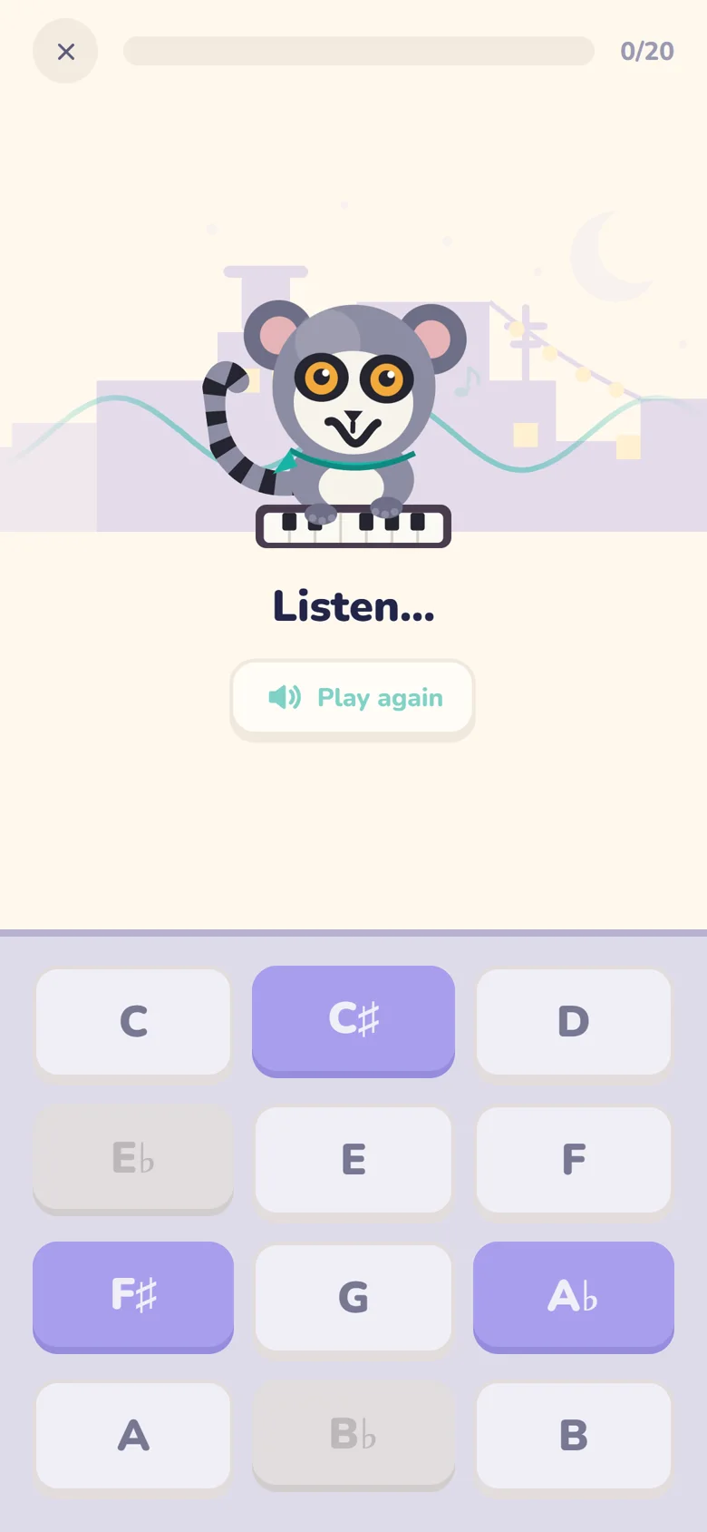 A lesson in Sine: a note plays while Sine listens at the piano, under the word Listen.