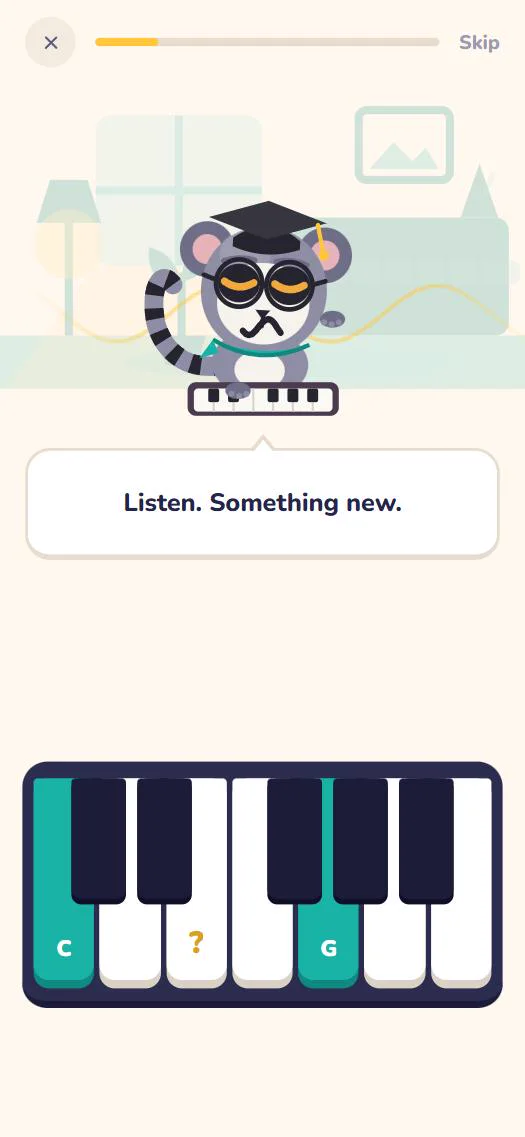 Before a lesson, Sine at a piano says Listen, something new, over a keyboard with C and G lit and a question mark on the key between them.