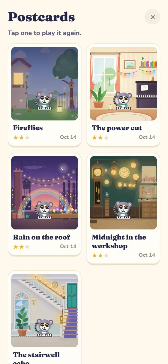 The postcards page: Fireflies, The power cut, Rain on the roof, Midnight in the workshop and The stairwell echo, each a picture of Sine in that place with the stars won.