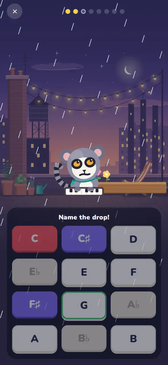 Rain on the roof: a rooftop at night under string lights, rain falling past Sine at his piano, and the keys under the words Name the drop.