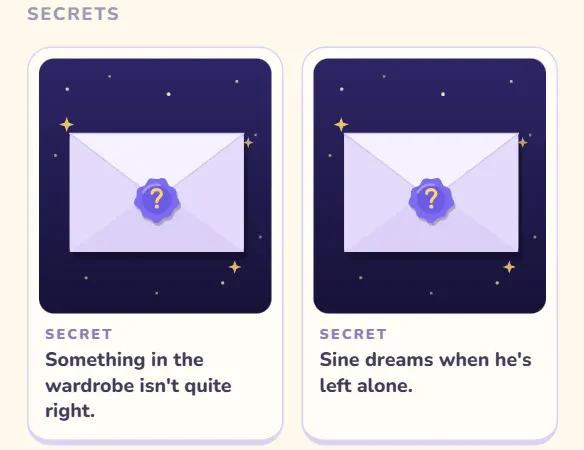 Two sealed envelopes on a night sky, each with a hint: Something in the wardrobe isn't quite right. Sine dreams when he's left alone.
